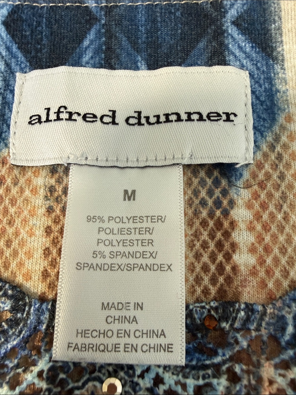 Alfred Dunner Blue and Tan Patchwork-Print 3/4 Sleeve Tunic SZM - Picture 5 of 13